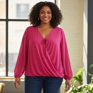 NEW Cato Blouse Shirt Women Plus 24 Pink Faux Wrap Semi Sheer Long Sleeve Barbie